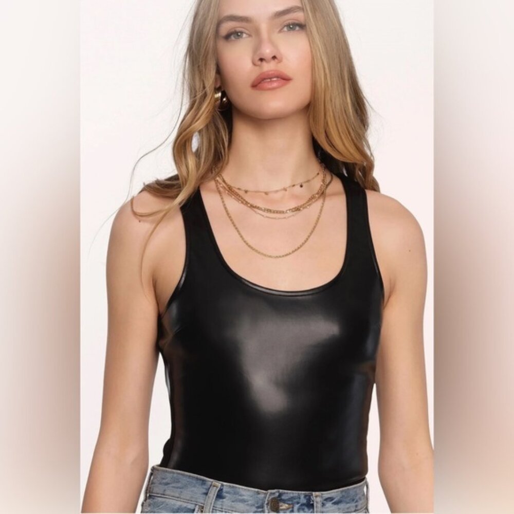 Heartloom Faux Leather Black Bodysuit with snap close - Women’s Size M